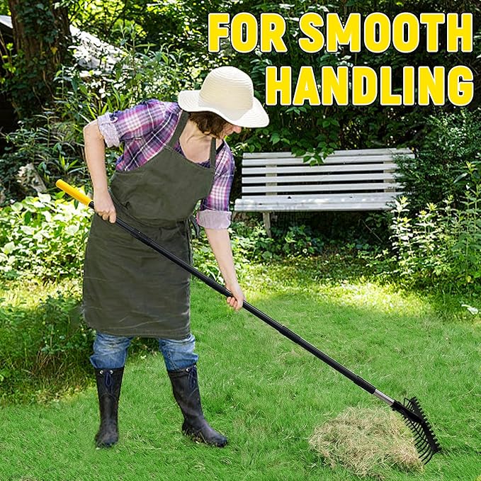 Bow Rake, 68-Inch Adjustable Handle Garden Rake with 17 Steel Tines, Heavy Duty Dual-Sided Metal Rake Landscape Gardening Tool for Soil Loosening Lawn Yard Leaves Mulch Thatch Removing