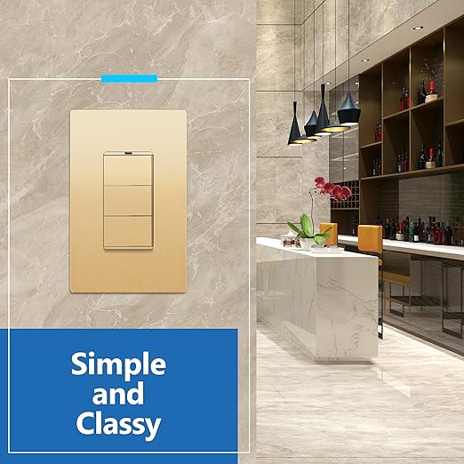 LIDER Matte Finish Lighted Triple Switch with Screwless Wall Plate, Combination Frameless Decorator Switch with Locator Light, Ground Terminal Single Pole, 15A 120V, UL Listed, Gold, 2 Pack