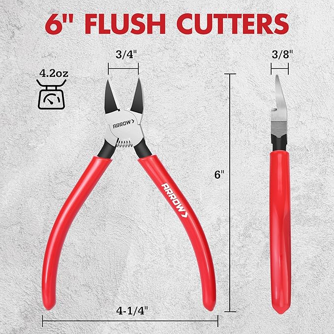 ARROW 6" Precision Wire Cutters - Spring Loaded Side Cutters, Ultra-Sharp Flush Cut Pliers, Diagonal Cutting Pliers with Non-Slip Handle for Jewelry Making, Crafts, Electronics, Zip Ties, DIY Models