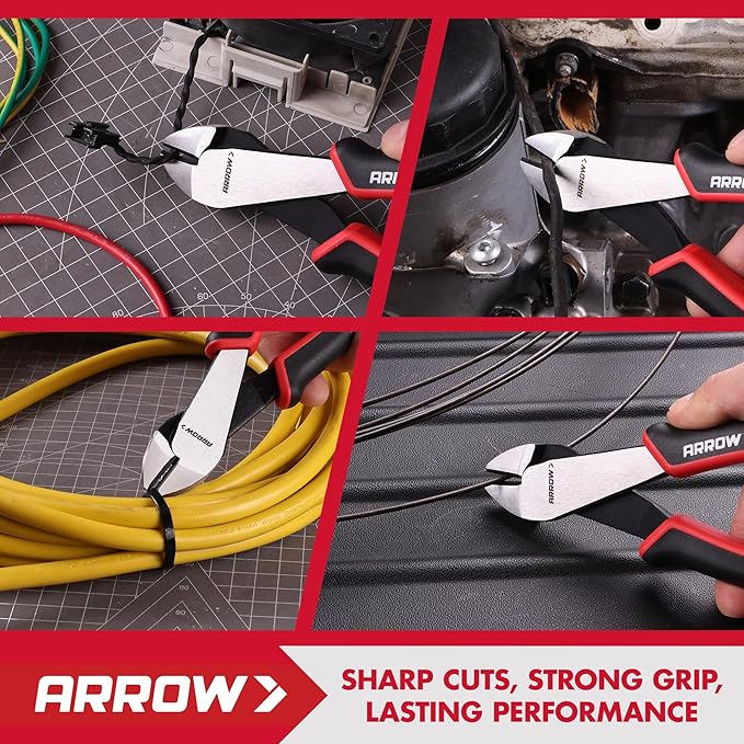 ARROW High Leverage Diagonal Pliers, 8 Inch Wire Cutters with Comfortable TPR Handle, High Carbon Steel Side Cutters for Cutting Wire