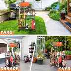 PLKOW Garden Tool Organizer with Wheels, Garden Tool Rack, Yard Tool Holder for Rakes, Shovel, Fertilizer, Garden Tool Storage for Garage, Shed, Outdoor