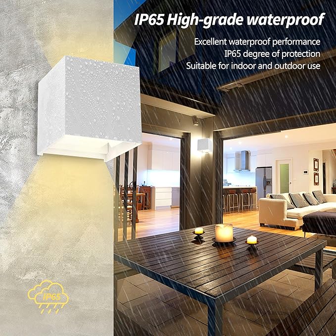 LANFU LED Aluminum Square Cube Waterproof White Wall Sconce Outdoor Light Exterior Wall Lighs fixtures Outside for House Patio 6W 100-277V 3000K Angle-Adjustment Warm Light 2LEDS White 6W