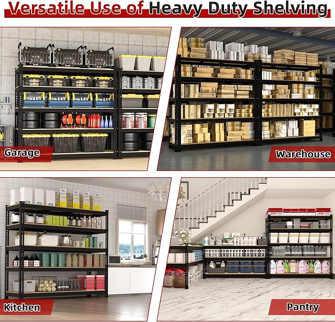 2 Packs 48" W x 24" D x 72" H Adjustable Garage Storage Shelves - 5-Shelf Heavy Duty Shelving Unit, Metal Utility Storage Organizer Racks for Warehouse Pantry Closet Kitchen, Black