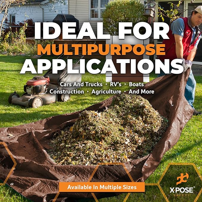 12' x 20' Super Heavy Duty 16 Mil Brown Poly Tarp Cover - Thick Waterproof, UV Resistant, Rip and Tear Proof Tarpaulin with Grommets and Reinforced Edges - by Xpose Safety