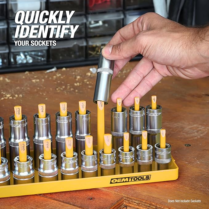 OEMTOOLS 22238 6 Piece SAE and Metric Socket Tray Set, SAE and Metric Socket Storage for Sizes 1/4", 3/8”, and 1/2" Drive, Socket Holders and Socket Organizer Tray for Toolbox, Black and Yellow