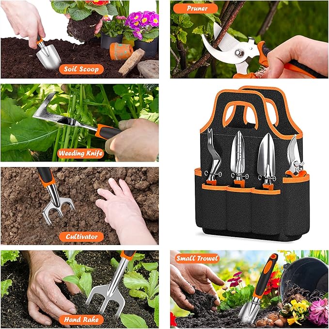 WNJ Garden Tool Set, 14PCS Complete Set of Heavy-Duty Stainless Steel Gardening Hand Tools with Stylish and Durable Tool Bag and Non-Slip Rubber Grips, Ideal Gardening Kit Gift for Women and Men