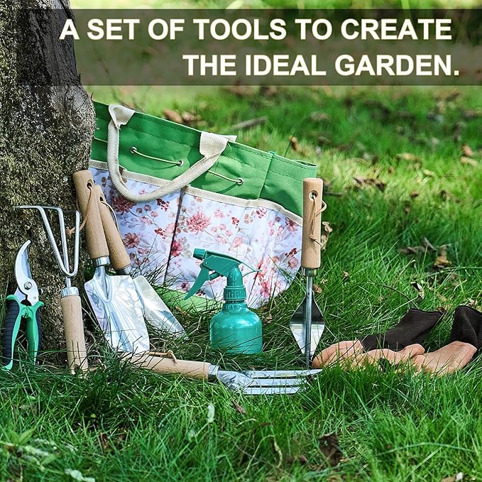 Gardening Tools – 9-Piece Garden Tools Set with Heavy-Duty Stainless Steel Hand Tools, Durable Storage Bag & Anti-Slip Rubber Gloves, Ideal Gardening Gifts for Women