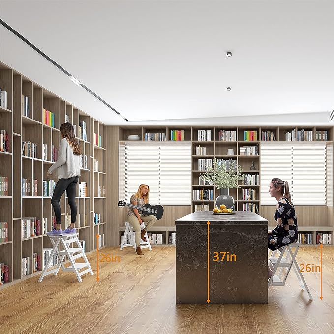 KINGBO Step Stool for Adults/Step Ladder/Counter Chair, 3-Step Folding Portable Wooden Step Stool, Anti-Slip & Lightweight (White)