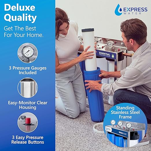 Express Water Whole House Water Filter System | ESSENTIAL | 3 Stage Whole Home Filter, Top-Tier Filters Produce Overachieving H2O, Significantly Reduces Chlorine & Sulfur Smell/Taste, Healtheir Skin