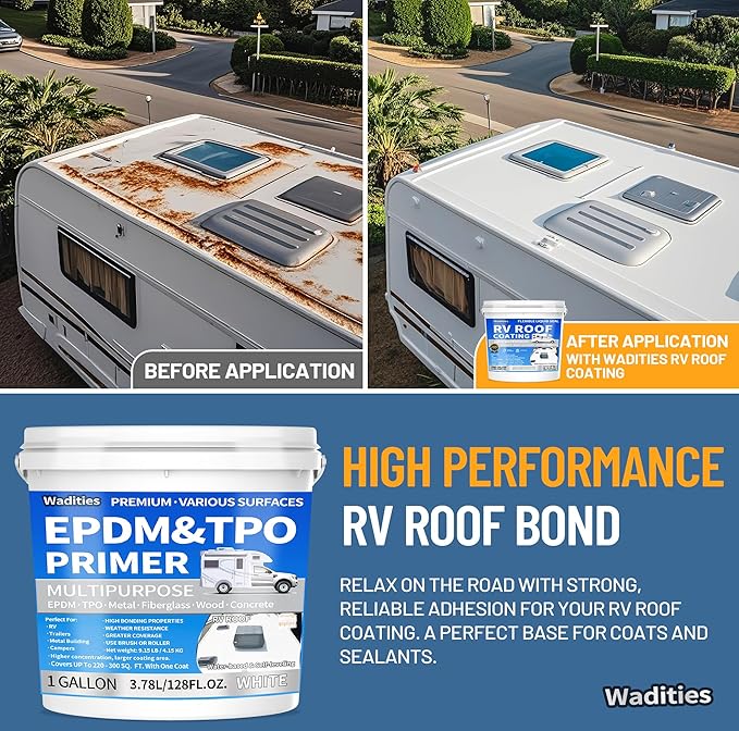 EPDM and TPO Primer White, Multi-Purpose RV Roof Primer, Use on Rubber, Wood, Fiberglass, Concrete, Metal, High-Performance Basecoat for RV, Camper and Trailer Roof Protection - 1 Gallon