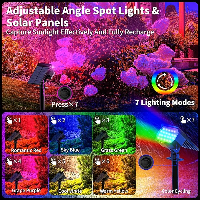 Solar Spot Lights Outdoor Color Changing, [7 Mode/12 Pack] Christmas Landscape Spotlights, Solar Light Outdoor Waterproof, Led Powered Flood Light for Outside Pathway Yard Garden Tree Halloween