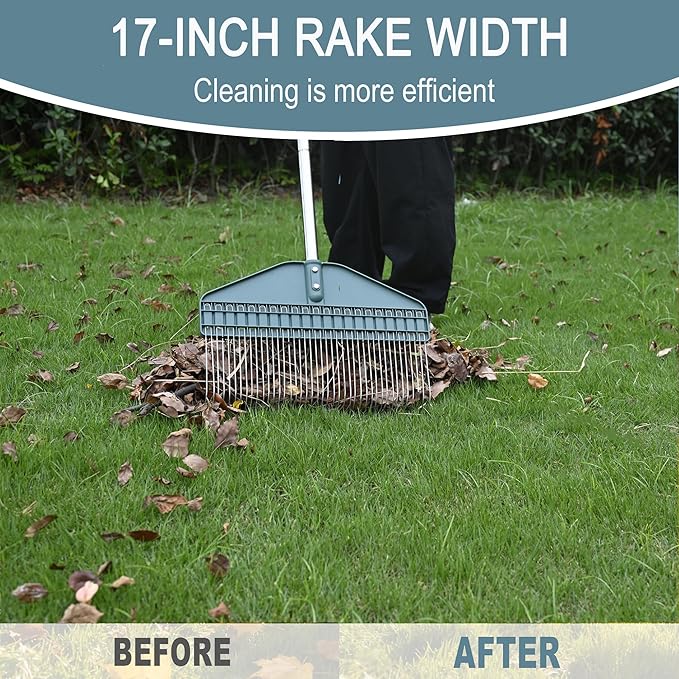 Thatch Rake & Leaves Rake 66-Inch Adjustable S/S Handle Heavy-Duty Design for Garden Lawns and Farms Ideal for Cleaning Up Dead Grass Fallen Leaves and Animal Bedding Dethatcher rake