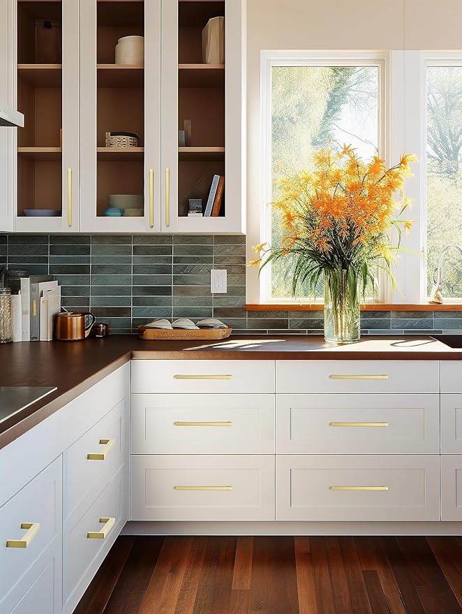 10 Pack Gold Cabinet Pulls 5 Inch Hole Centers Stainless Steel Square Cabinet Handles Brushed Gold Kitchen Cabinet Hardware Drawer Pulls Dresser Knobs