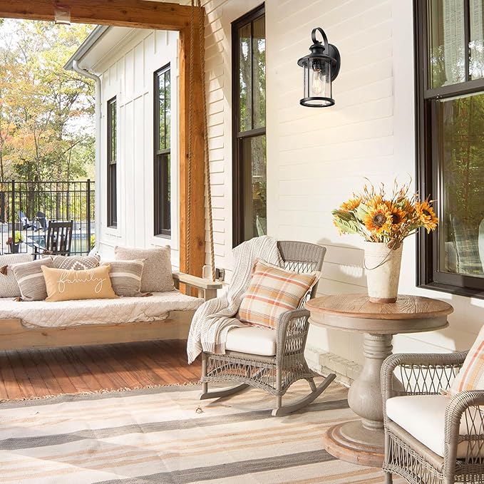 MICSIU Matte Black Outdoor Porch Light Wall Mount, Clear Seedy Glass Exterior Wall Sconce Lighting, 13.75 Inch Outside Light Fxture for House, Entryway, Doorway, Pathway