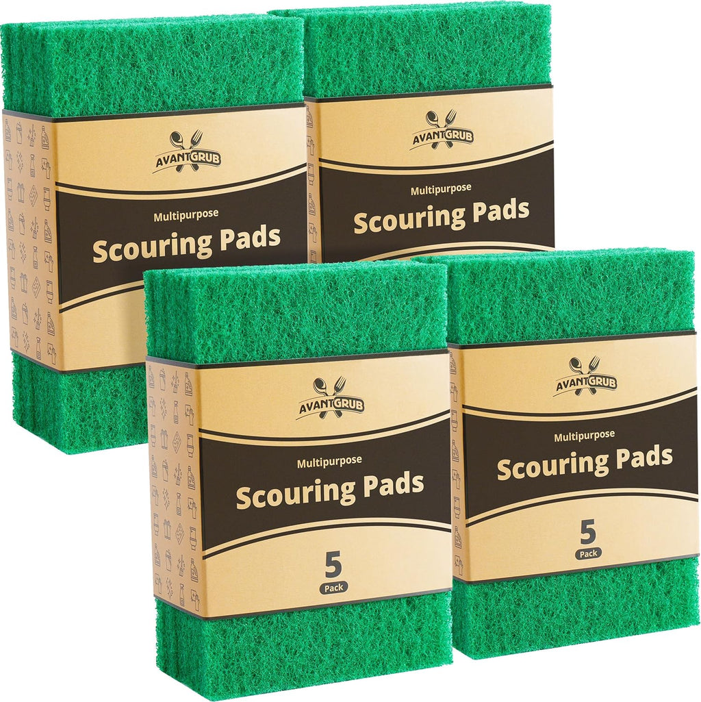 Green Sustainable 20 Pack Cleaning Scour Pads by Avant Grub. Powerful Stain Remover for Cookware. Easily Remove Grease and Residues. Eco-Friendly Solution for Kitchen Cleaning.