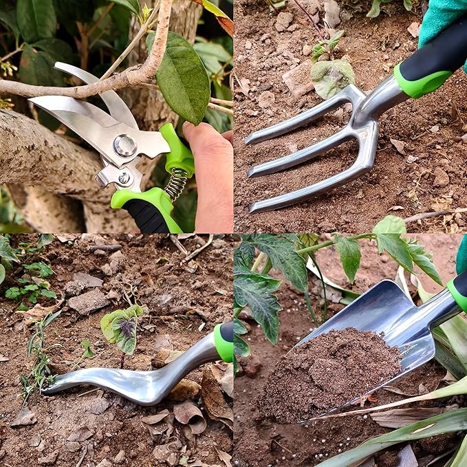 41-Piece Premium Gardening Tool Set, Stainless Steel Heavy Duty Gardening Tool Kit, with Non-Slip Rubber Grip, Storage Tote Bag, Outdoor Hand Tools, Ideal Gardening Gifts for All (Green/Grey)