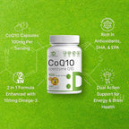 CoQ10 100mg, 240 Capsules – with Omega 3 Fatty Acid 100mg – Bioavailable Coenzyme Q10 Supplements – Heart, Energy, & Brain Health Antioxidant Support – Non-GMO