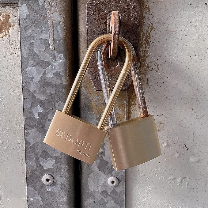 Weather Proof Lock, Keyed Alike Solid Brass Padlocks with Long Brass Shackle, Light Duty, 1-1/2" Wide Body, Marine Padlock, Anti Rust Lock, 4 Pack