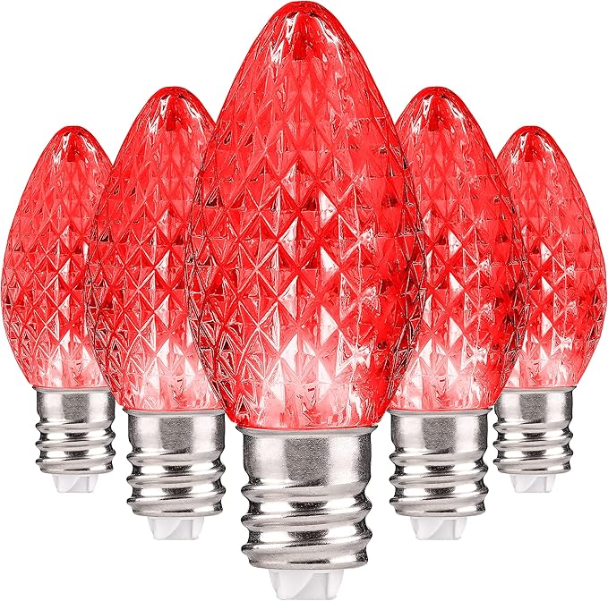 Holiday Lighting Outlet Faceted C7 Christmas Lights | Red LED Light Bulbs Holiday Decoration | Warm Christmas Decor for Indoor & Outdoor Use | 2 SMD LEDs in Each Light Bulb | Set of 25