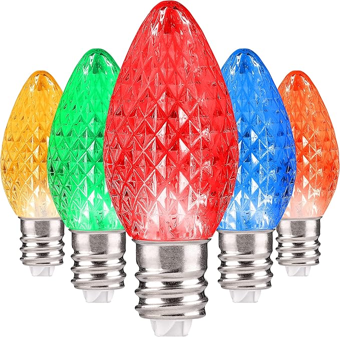 Holiday Lighting Outlet Faceted C7 Christmas Lights | Multi-Colored LED Light Bulbs Holiday Decoration Warm Christmas Decor for Indoor & Outdoor Use | 2 SMD LEDs in Each Light Bulb | Set of 25