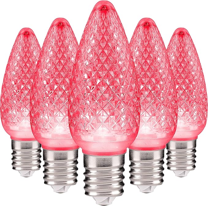 HLO Lighting Set of 25 Pink C9 Faceted LED Christmas Light Bulbs for Indoor & Outdoor Use | Durable Replacement Bulbs