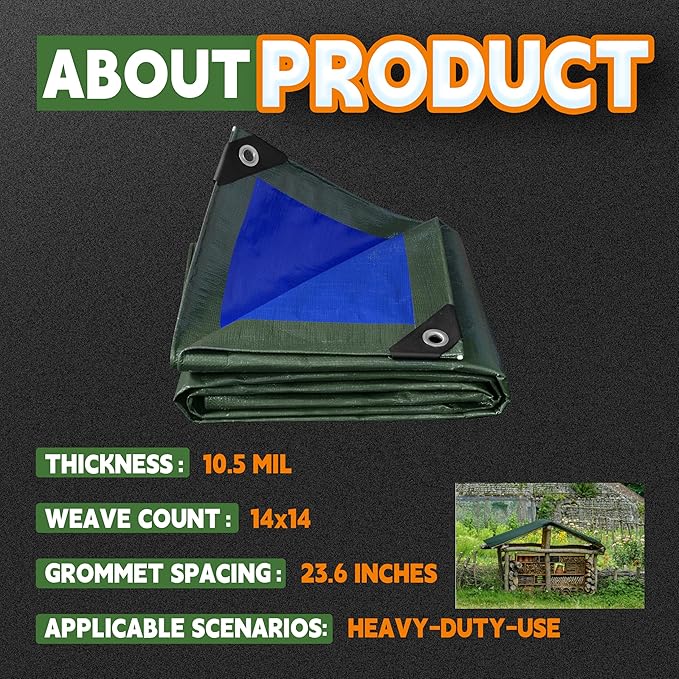 RAINDEWAY Small Waterproof Tarp 6x6 Feet,10.5 Mil Tarps Heavy Duty Waterproof with Metal Grommets and Reinforced Edges,UV Resistant,Durable,Green/Blue Tarp