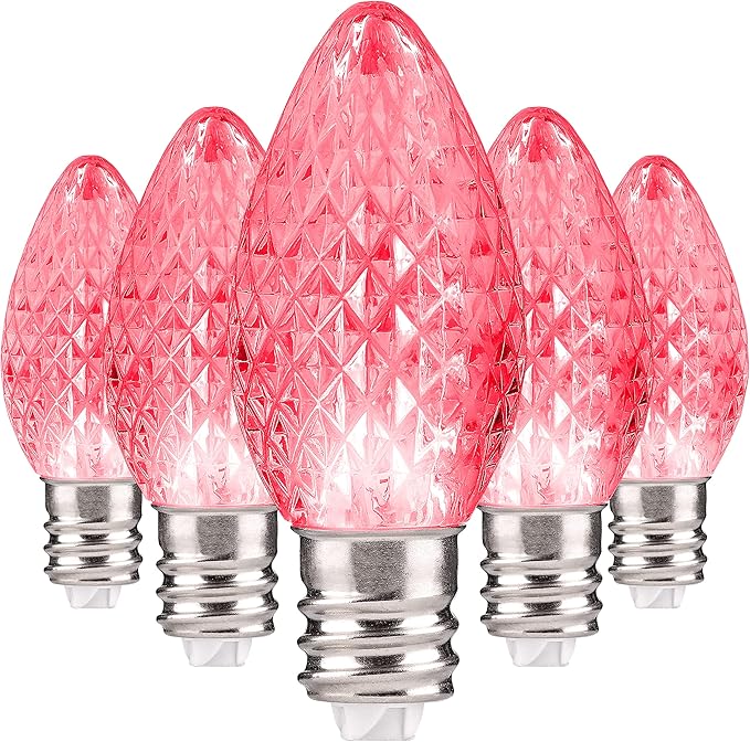 Holiday Lighting Outlet Faceted C7 Christmas Lights | Pink LED Light Bulbs Holiday Decoration | Warm Christmas Decor for Indoor & Outdoor Use | 2 SMD LEDs in Each Light Bulb | Set of 500