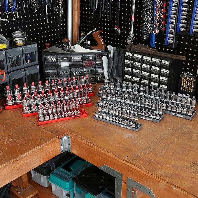 OEMTOOLS 22413 6 Piece SAE and Metric Socket Tray Set, SAE and Metric Socket Storage for Sizes 1/4", 3/8”, and 1/2" Drive, Socket Holders and Socket Organizer Tray for Toolbox, Red/Grey